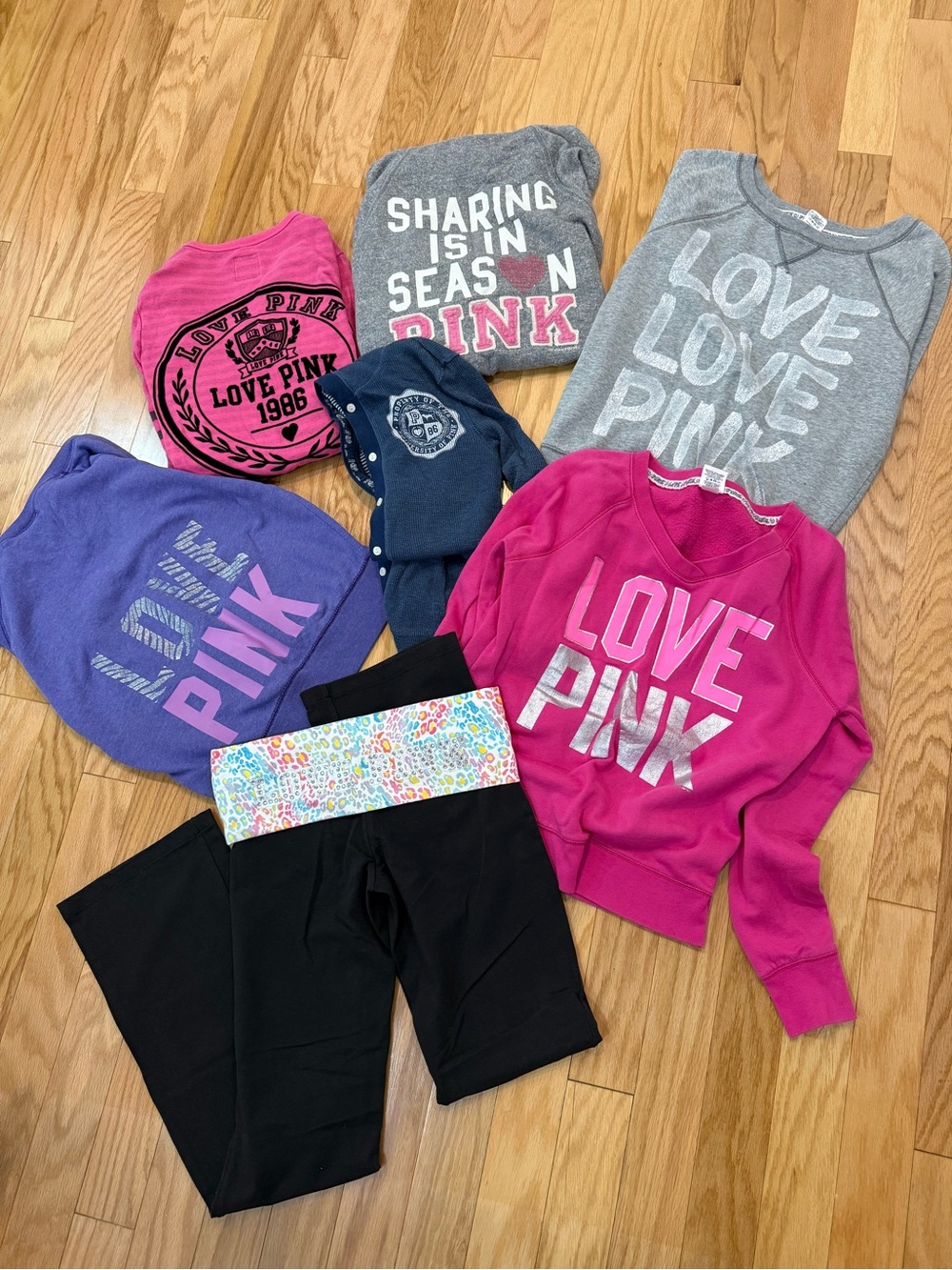 VS PINK Graphic Sweatshirts & Black Bling Yoga Bundle - Pink, Gray, Purple, Navy